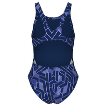 Load image into Gallery viewer, Navy blue swimsuit with geometric white pattern on a white background

