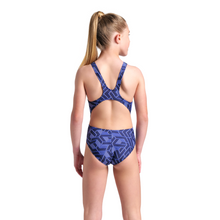 Load image into Gallery viewer, Person wearing a blue geometric patterned swimsuit on a white background
