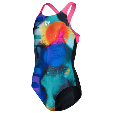 Colorful pink and black swimsuit with a blue, green, yellow, orange abstract design on a white background