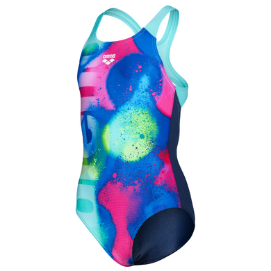 Colorful turquoise and navy swimsuit with a blue, green, pink abstract design on a white background