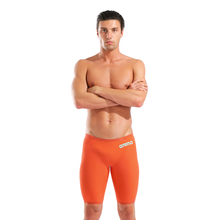 Load image into Gallery viewer, Man wearing orange racing jammers with arena branding
