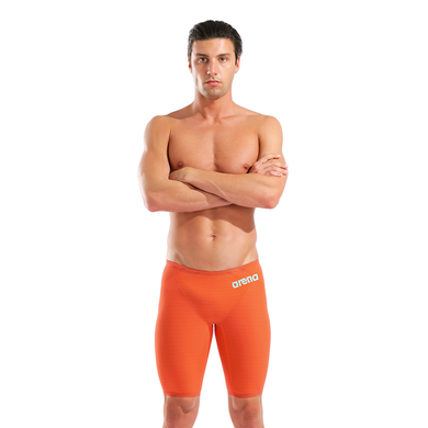 Man wearing orange racing jammers with arena branding
