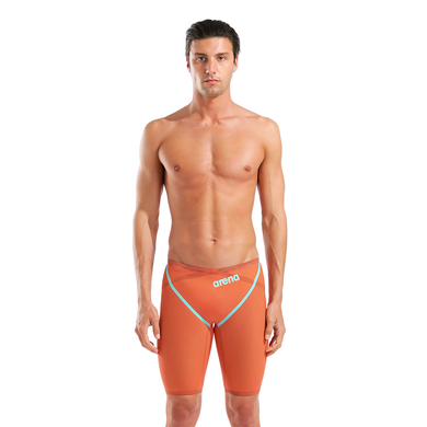 Man wearing orange racing jammers with teal taping and arena branding