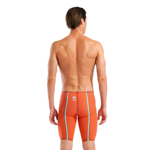 Load image into Gallery viewer, Man wearing orange racing jammers with teal taping
