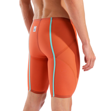 Load image into Gallery viewer, Back close-up of a man wearing an orange racing jammer with teal taping
