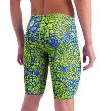 Load image into Gallery viewer, Close-up of the back of a man in an arena green and blue snakeskin Powerskin ST NEXT racing suit
