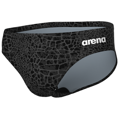 Black patterned swim brief with 'arena' branding on a white background