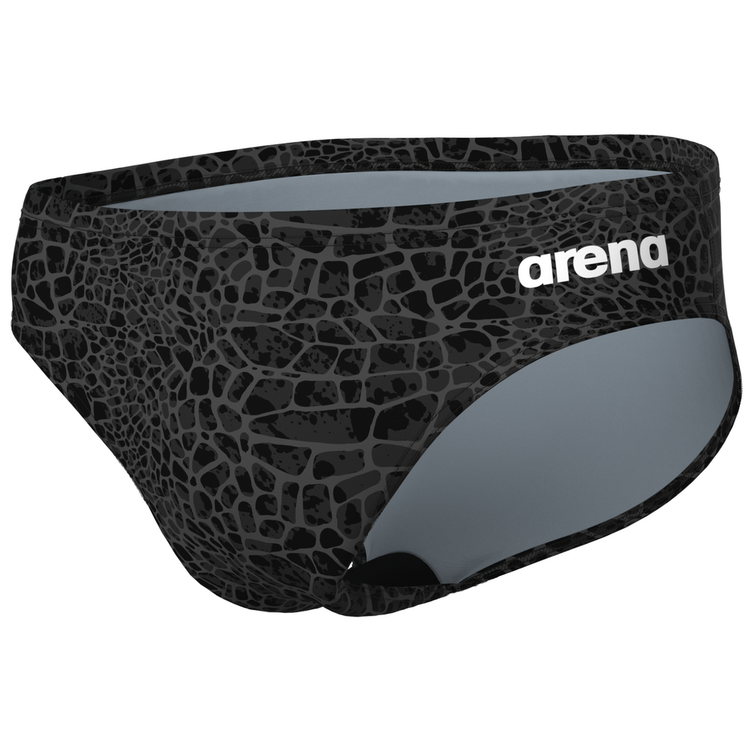 Black patterned swim brief with 'arena' branding on a white background