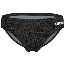 Load image into Gallery viewer, Black patterned swim brief with &#39;arena&#39; branding on a white background

