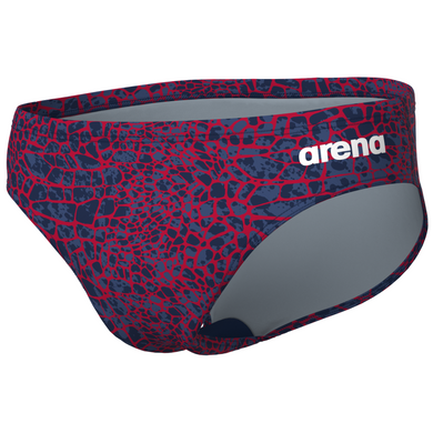 Red and blue patterned swim brief with Arena logo on a white background