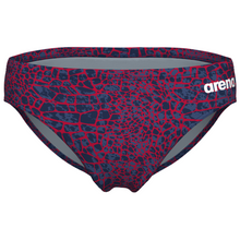 Load image into Gallery viewer, Red and blue patterned swim briefs with &#39;arena&#39; branding on a white background

