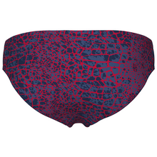 Load image into Gallery viewer, Red and blue patterned swim briefs on a white background
