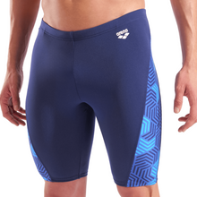 Load image into Gallery viewer, Blue swim jammers with geometric pattern on a white background
