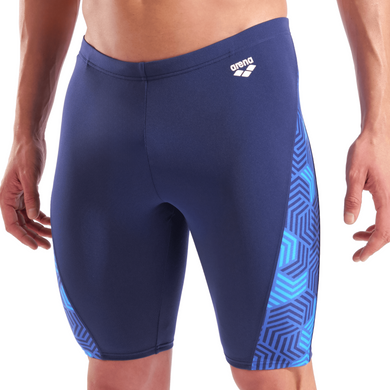 Blue swim jammers with geometric pattern on a white background