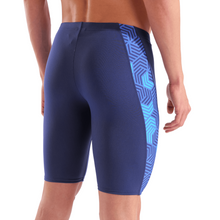 Load image into Gallery viewer, Blue swim shorts with geometric pattern on a white background
