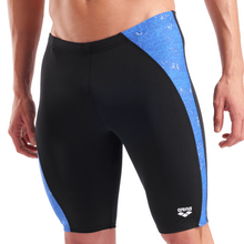 Load image into Gallery viewer, Black swim jammers with blue side panels featuring Arena logo on a white background
