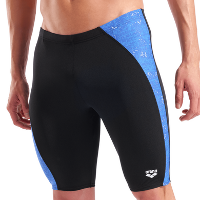 Black swim jammers with blue side panels featuring Arena logo on a white background