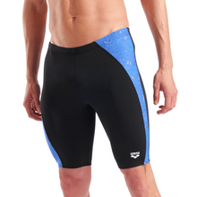 Load image into Gallery viewer, Black swim jammers with blue side panels on a white background
