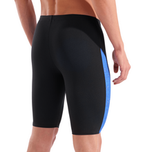 Load image into Gallery viewer, Black swim shorts with a blue stripe on a white background

