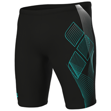 Load image into Gallery viewer, Black swim jammers with teal geometric pattern on a white background
