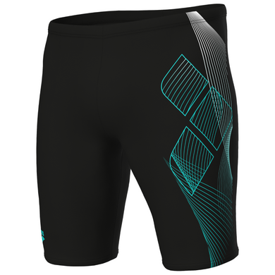 Black swim jammers with teal geometric pattern on a white background