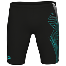 Load image into Gallery viewer, Black swim jammers with teal geometric pattern on a white background
