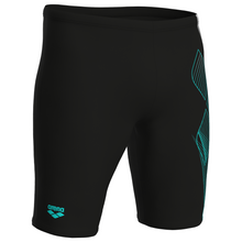 Load image into Gallery viewer, Black swim jammers with teal graphics and Arena logo on a white background
