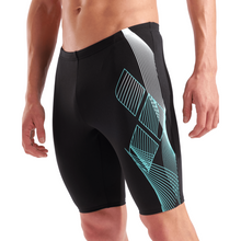 Load image into Gallery viewer, Black jammers with blue geometric design on a white background
