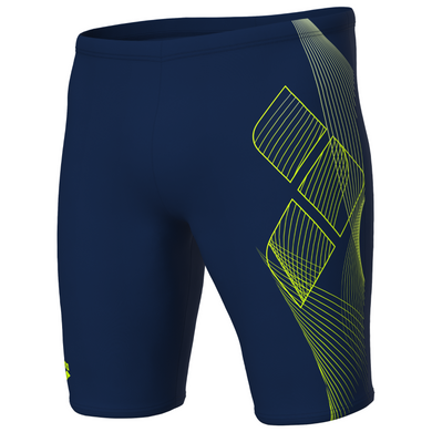 Navy blue swim jammers with green geometric pattern on a white background