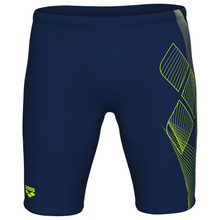 Load image into Gallery viewer, Navy swim jammers with green geometric pattern on a white background
