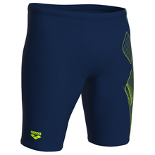 Load image into Gallery viewer, Navy swim shorts with green accents and Arena logo on a white background
