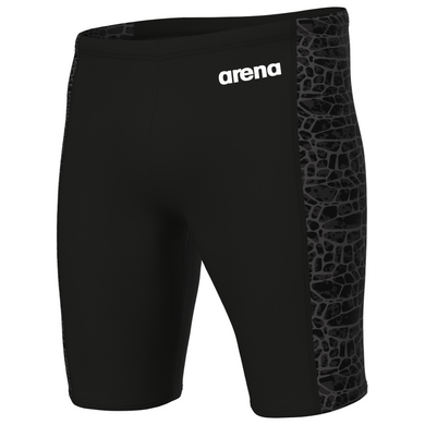 Black swim jammers with patterned side panel and Arena logo on a white background