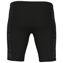 Load image into Gallery viewer, Black swim jammers with patterned side panels on a white background
