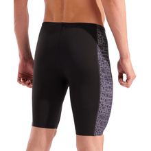 Load image into Gallery viewer, Black swim jammers with a patterned side panel on a white background
