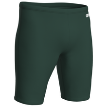 Load image into Gallery viewer, Dark green swim shorts with a brand logo on a white background
