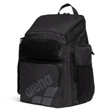 Load image into Gallery viewer, Black top-loading arena backpack with multiple pockets on a white background
