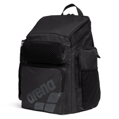Black top-loading arena backpack with multiple pockets on a white background