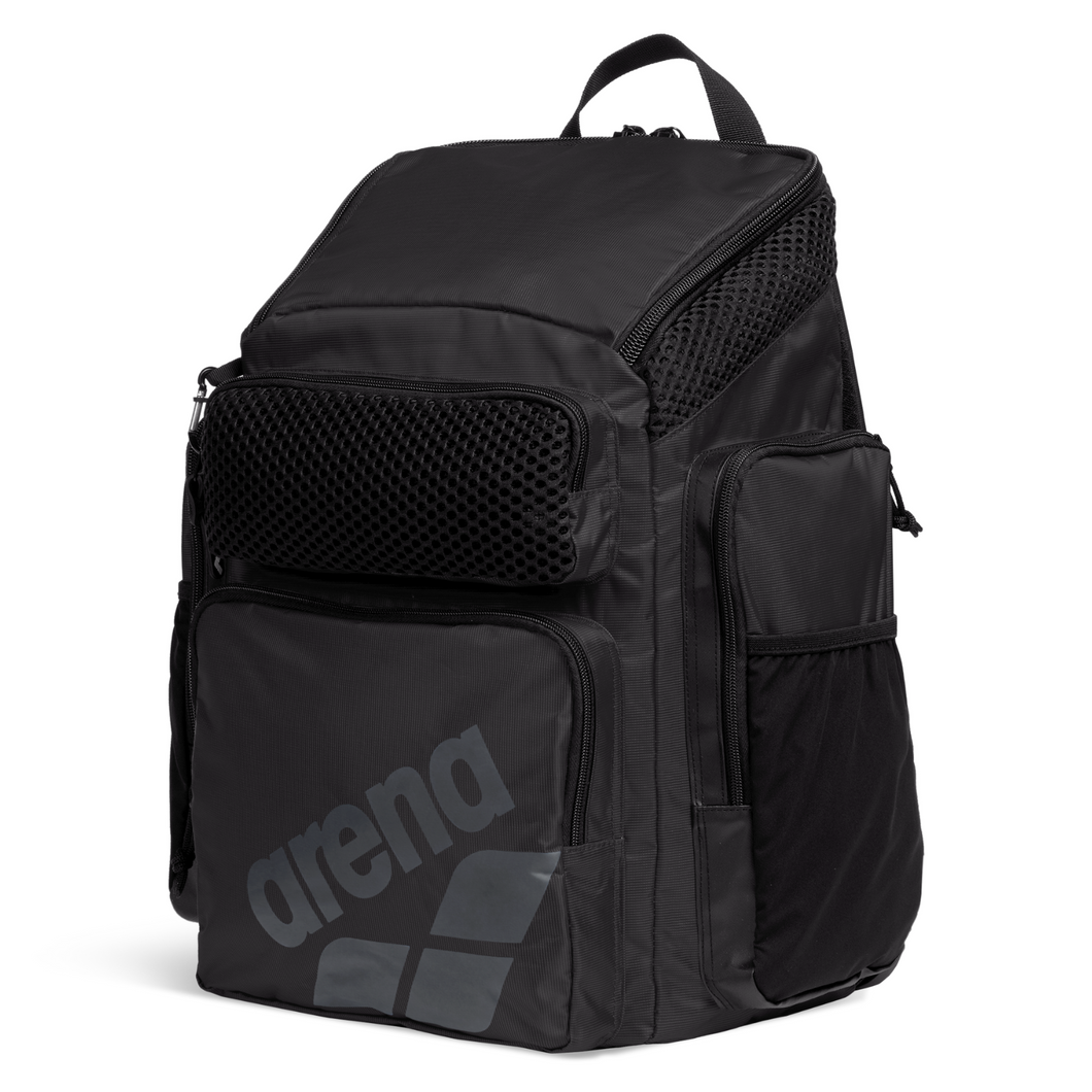Black top-loading arena backpack with multiple pockets on a white background