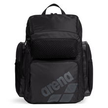 Load image into Gallery viewer, Black top-loading arena backpack with multiple pockets on a white background
