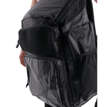 Load image into Gallery viewer, Black backpack with multiple pockets and a mesh section on a white background
