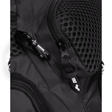 Load image into Gallery viewer, Close-up of a black backpack with a carabiner and mesh panel on a white background
