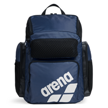 Load image into Gallery viewer, Navy top-loading arena backpack with black accents and multiple pockets on a white background
