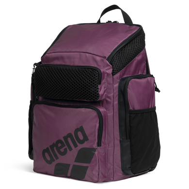 Plum purple top-loading arena backpack with black accents with multiple pockets on a white background