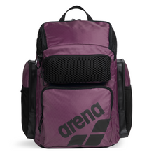 Load image into Gallery viewer, Plum purple top-loading arena backpack with black accents with multiple pockets on a white background
