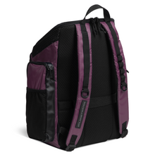 Load image into Gallery viewer, Plum purple and black backpack with mesh backing on a white background
