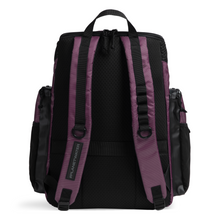 Load image into Gallery viewer, Plum purple and black backpack with mesh backing on a white background
