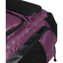 Load image into Gallery viewer, Close-up of a purple backpack with black zippers and mesh accents on a white background
