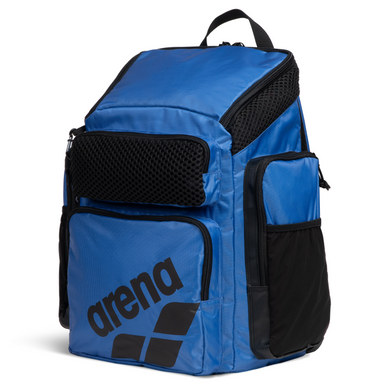 Royal blue top-loading arena backpack with multiple pockets on a white background
