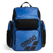 Load image into Gallery viewer, Royal blue top-loading arena backpack with multiple pockets on a white background

