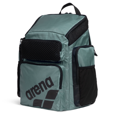 Sage green and black top-loading arena backpack with multiple pockets on a white background